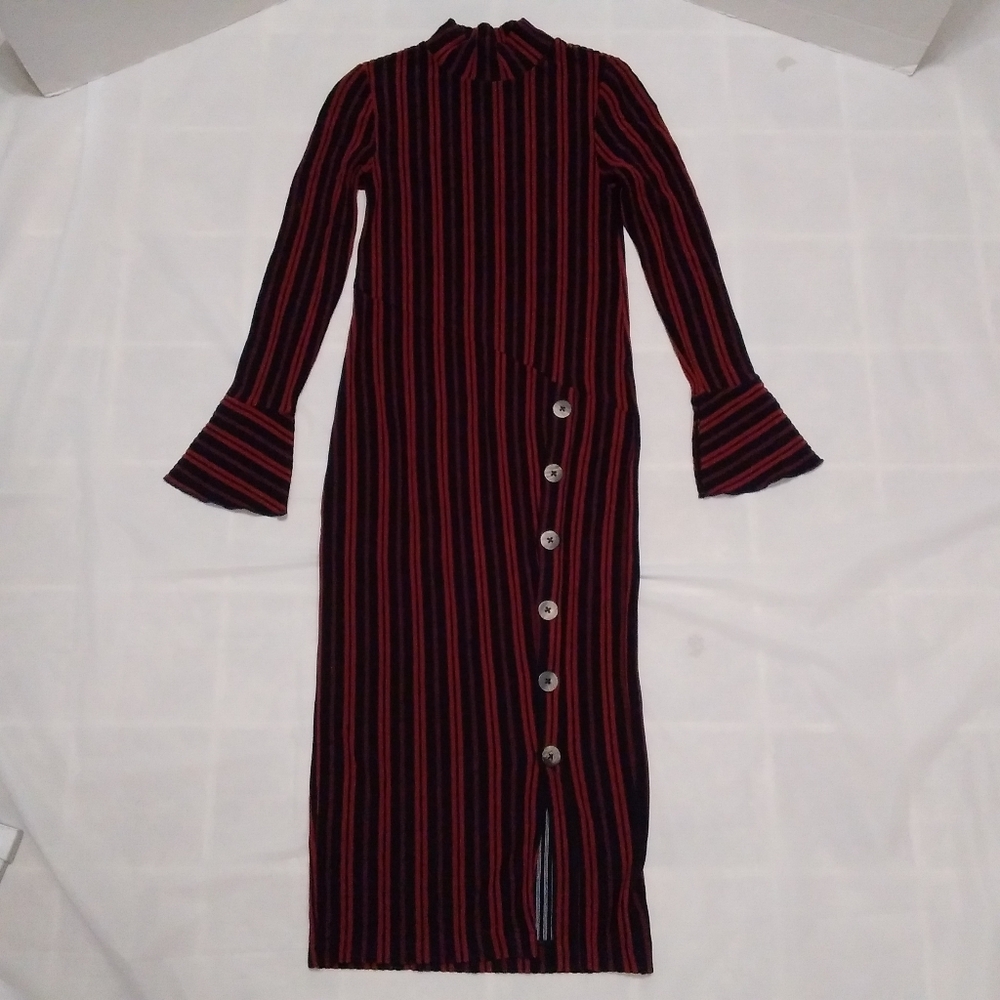 N12H Ribbed Dress Button Detail Bell Sleeve XS 0-2